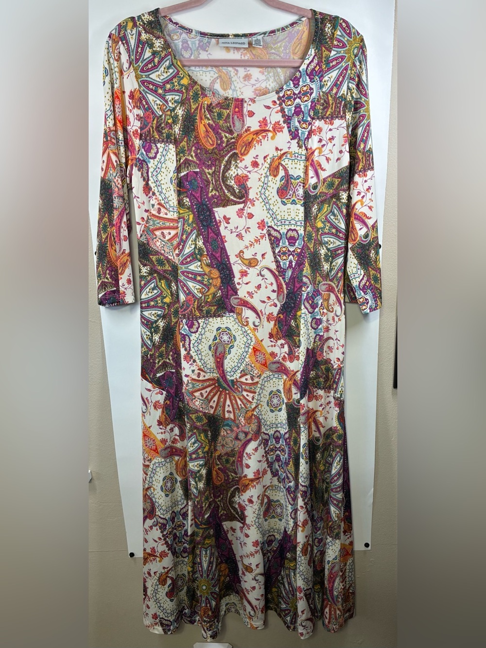 Nina Leonard Multicolor Paisley Print Long Sleeve Maxi Dress Size Large